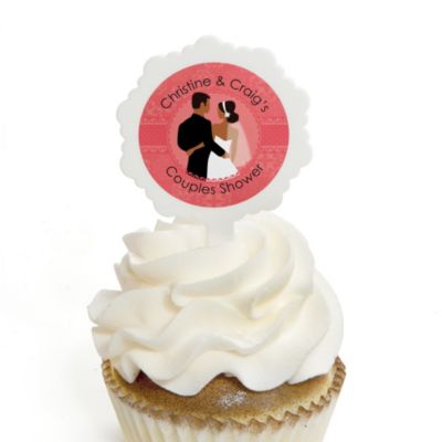 Custom Wedding Couples Coral - Personalized Bridal Shower Cupcake Pick and Sticker Kit -  12 ct