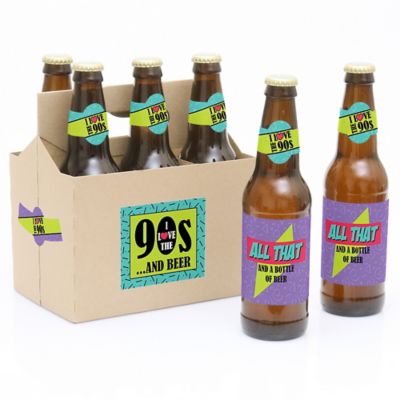 90's Throwback 1990s 6 Beer Bottle Label Stickers and 1 Carrier