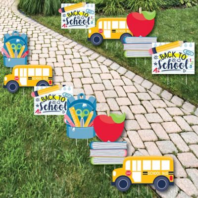 Back To School Backpack School Bus Apple And Books Lawn