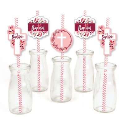 Baptism Pink Elegant Cross Paper Straw Decor Girl Religious