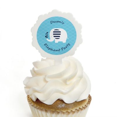 Blue Elephant Cupcake Picks With Personalized Stickers Boy Baby Shower Or Birthday Party Cupcake Toppers 12 Ct