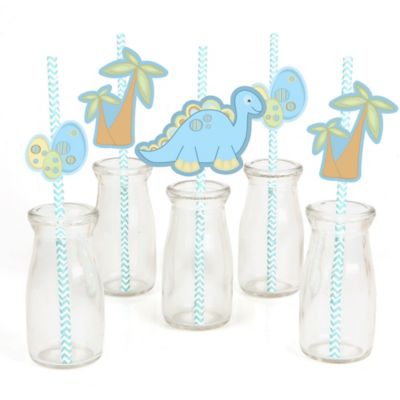 Baby Boy Dinosaur Baby Shower Straw Decor With Chevron Paper