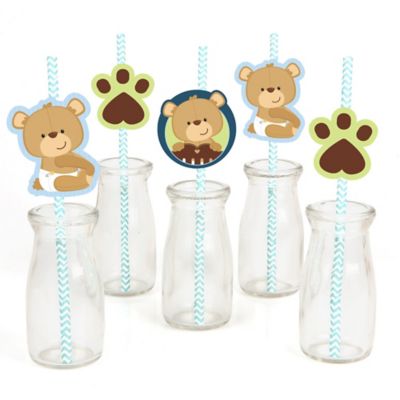 Baby Boy Teddy Bear Party Straw Decor With Chevron Paper Straws