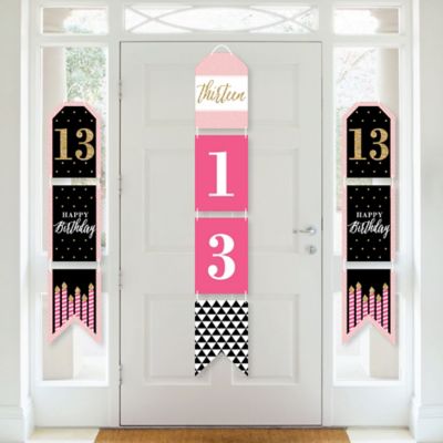 Chic 13th Birthday Pink Black And Gold Hanging Vertical Paper