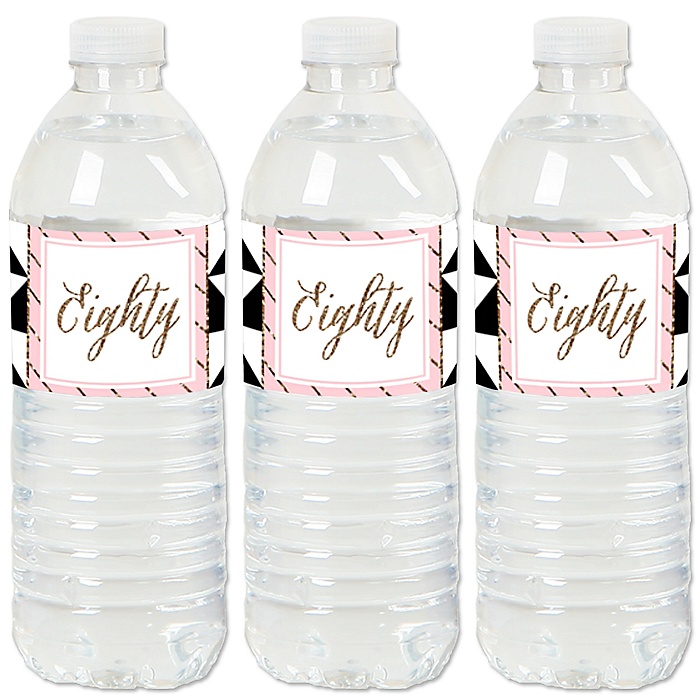 chic-pink-black-and-gold-80th-birthday-birthday-party-water-bottle