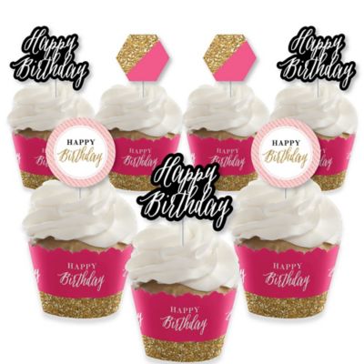 Chic Happy Birthday Pink Black And Gold Cupcake Decoration