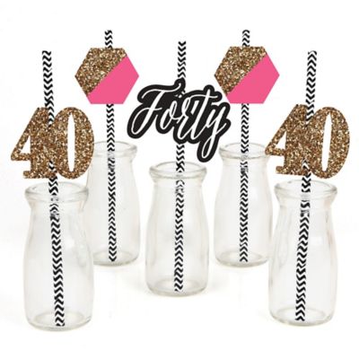 Chic 40th Birthday Pink Black And Gold Party Straw Decor With