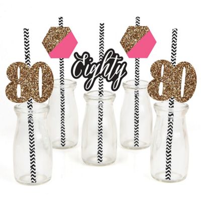 Chic 80th Birthday Pink Black And Gold Party Straw Decor With