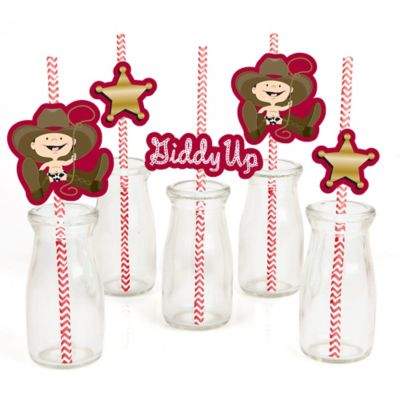 Little Cowboy Western Party Straw Decor With Chevron Paper
