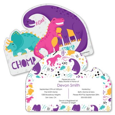 Roar Dinosaur Girl Shaped Dino Mite T Rex Baby Shower Invitations