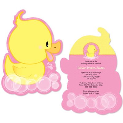 Pink Ducky Duck Shaped Girl Baby Shower Invitations Set Of 12