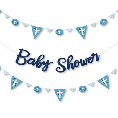 Blue Elegant Cross Religious Baby Shower Letter Banner Decoration