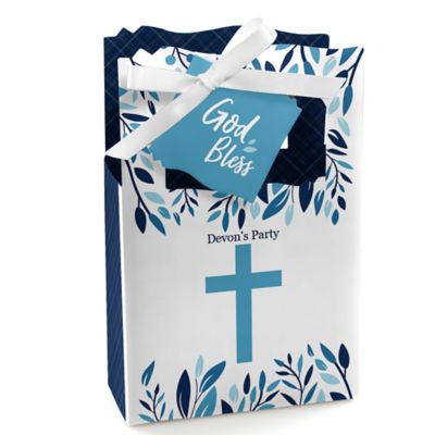 Blue Elegant Cross Boy Religious Party Favor Boxes Set of 12