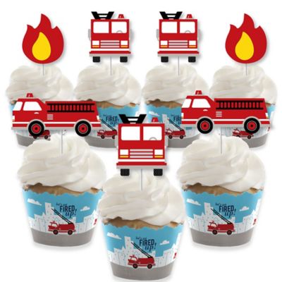 Fired Up Fire Truck Cupcake Decoration Firefighter Firetruck Baby Shower Or Birthday Party Cupcake Wrappers And Treat Picks Kit Set Of 24