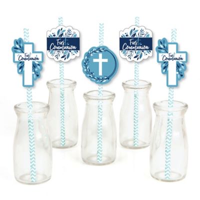 First Communion Blue Elegant Cross Paper Straw Decor Boy