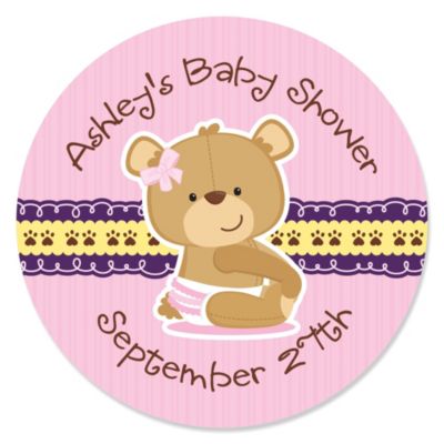 Baby Girl Teddy Bear Personalized Baby Shower Sticker Labels 24