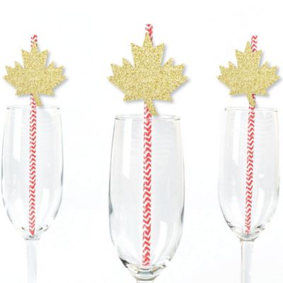 Gold Glitter Maple Leaf Party Straws No Mess Real Gold Glitter