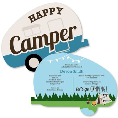 Happy Camper Shaped Camping Baby Shower Invitations Set Of 12