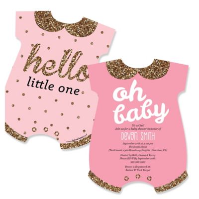 Hello Little One Pink And Gold Baby Bodysuits Shaped Girl Baby Shower Invitations Set Of 12