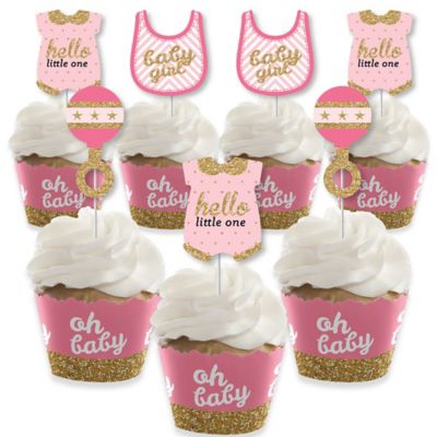 Hello Little One Pink And Gold Cupcake Decorations Girl Baby