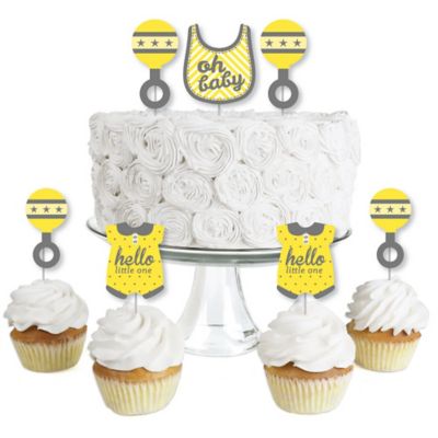 Hello Little One Yellow And Gray Dessert Cupcake Toppers