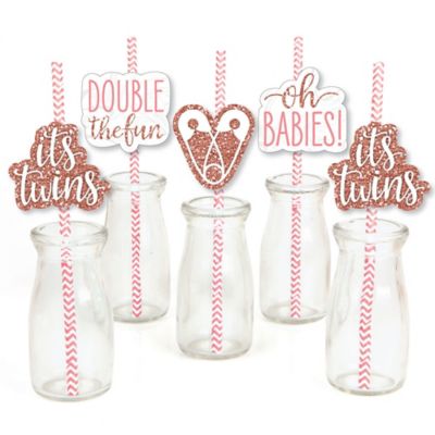 It S Twin Girls Paper Straw Decor Pink And Rose Gold Twins