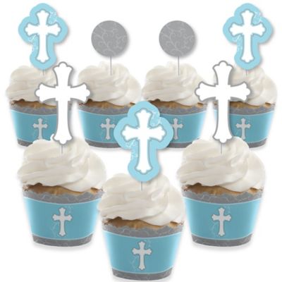 Little Miracle Boy Blue Gray Cross Baptism Theme