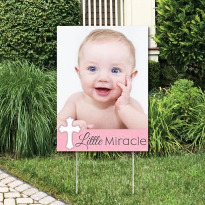 Little Miracle Girl Pink Gray Cross Photo Yard Sign Baptism