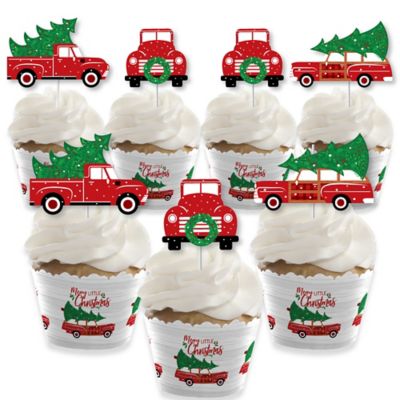 Merry Little Christmas Tree Cupcake Decoration Red Truck And
