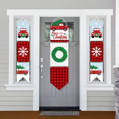 Merry Little Christmas Tree Hanging Porch Front Door Signs Red