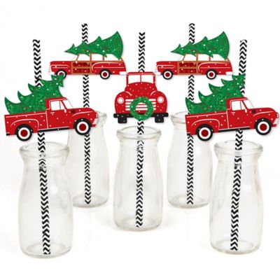Merry Little Christmas Tree Party Straw Decor With Chevron Paper