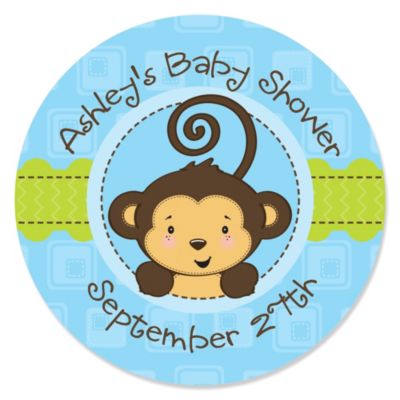 Blue Monkey Boy Personalized Baby Shower Sticker Labels 24 Ct