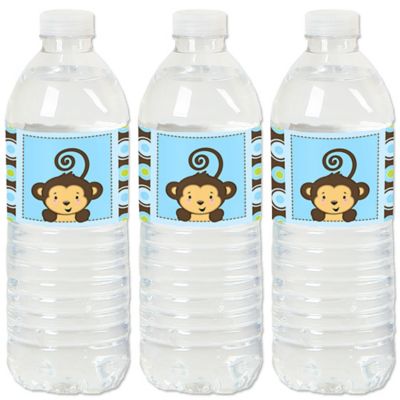Blue Monkey Boy Baby Shower Or Birthday Party Water Bottle Sticker