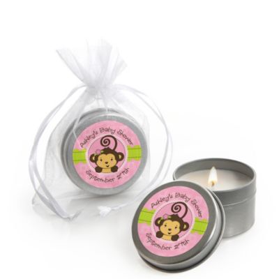 Pink Monkey Girl Personalized Baby Shower Candle Tin Favors