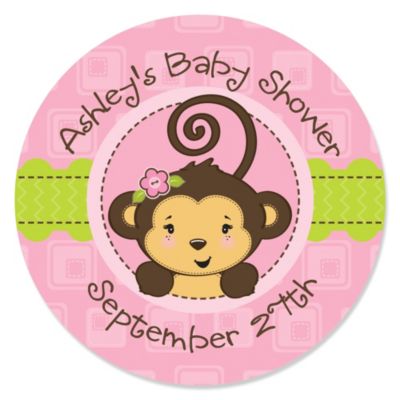 Pink Monkey Girl Personalized Baby Shower Sticker Labels 24 Ct