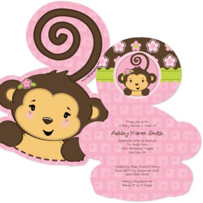 Pink Monkey Girl Shaped Baby Shower Invitations Set Of 12