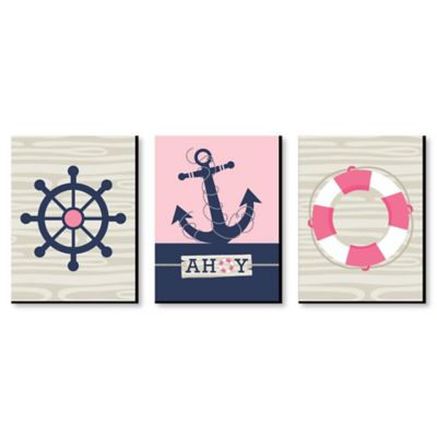 Ahoy Nautical Girl Pink Nursery Wall Art Kids Room Decor