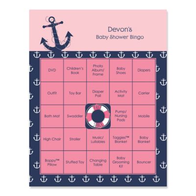 Ahoy - Nautical Girl - Personalized Baby Shower Game Bingo Cards - 16 ct