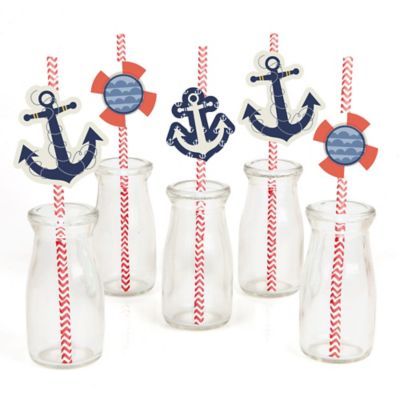 Ahoy - Nautical - Paper Straw Decor - Baby Shower or Birthday Party Striped Decorative Straws - Set of 24