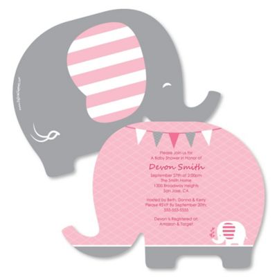 Pink Elephant Shaped Girl Baby Shower Invitations Set Of 12