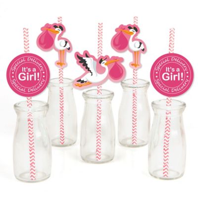 Girl Special Delivery Paper Straw Decor Pink Stork Baby Shower