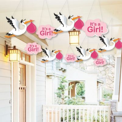 Hanging Special Delivery Girl Baby Arrival Signs Outdoor Pink Stork Baby Shower Hanging Porch Tree Yard Decorations 10 Pieces