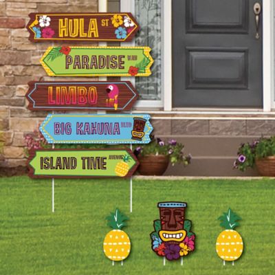 Tiki Luau Street Sign Cutouts Tropical Hawaiian Summer Party Yard Signs Decorations Set Of 8