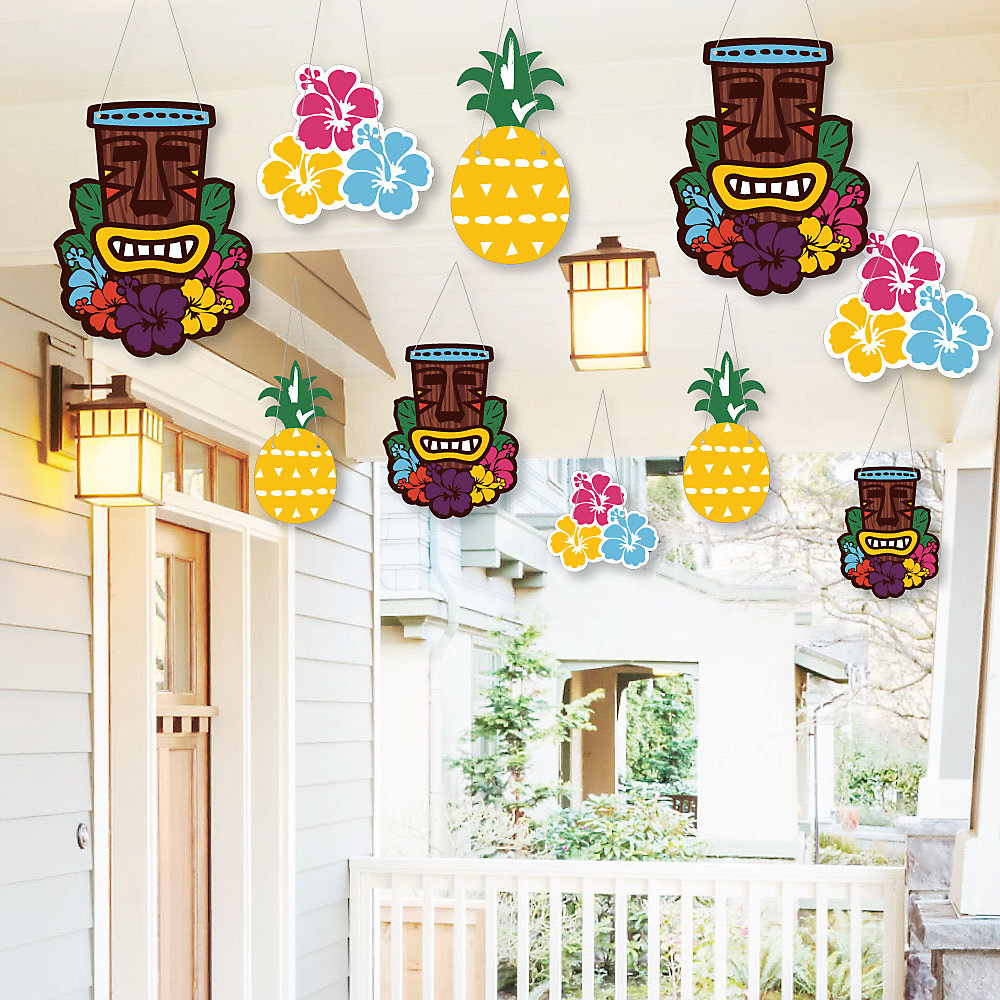 Hanging Tiki Luau Outdoor Tropical Hawaiian Summer Party Hanging Porch And Tree Yard Decorations 10 Pieces